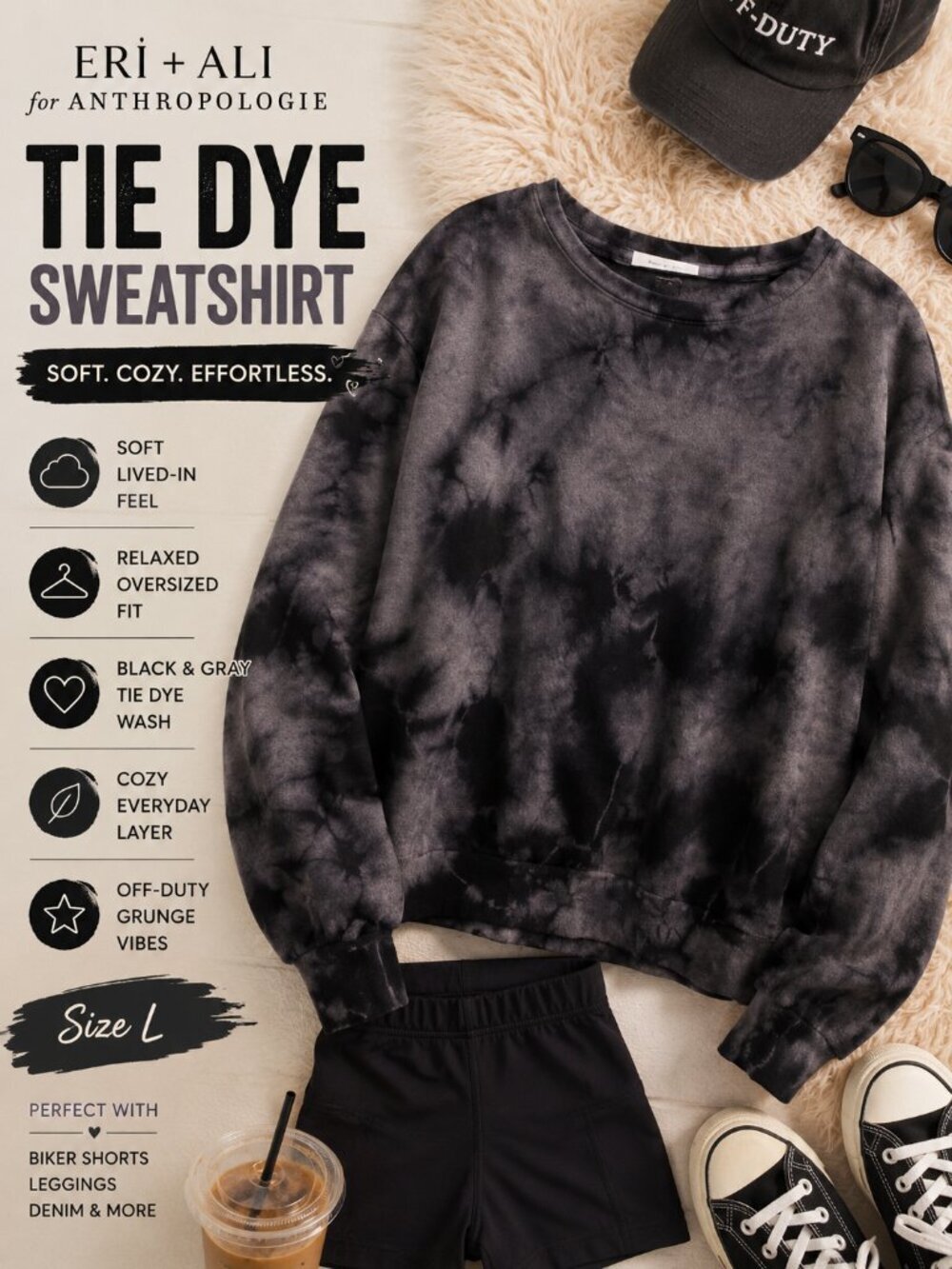 Eri + Ali Anthropologie Black Gray Tie Dye Sweatshirt Grunge Pullover Womens  L